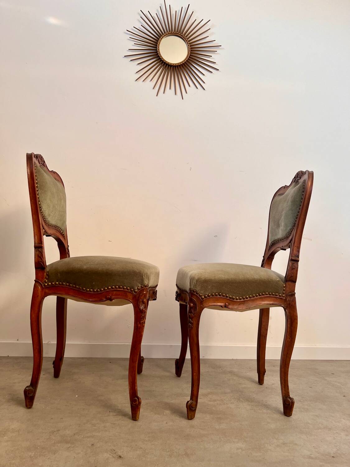 Lot 2 old Louis XV style carved solid walnut chairs late 19th century
