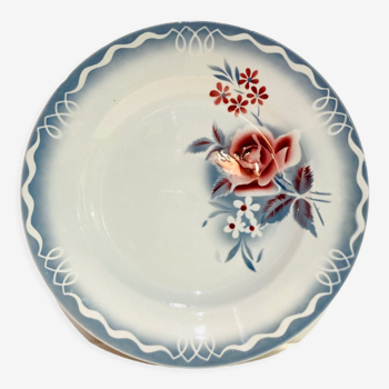 Plat rond fleuri bleu Olga Digoin Sarreguemines -vintage-retro