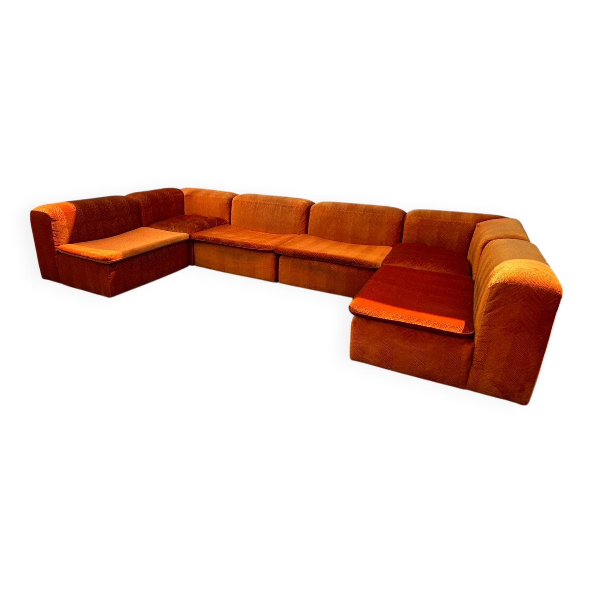 Large Mid Century sectional sofa of 6 elements in orange velvet