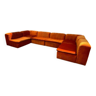Large Mid Century sectional sofa of 6 elements in orange velvet