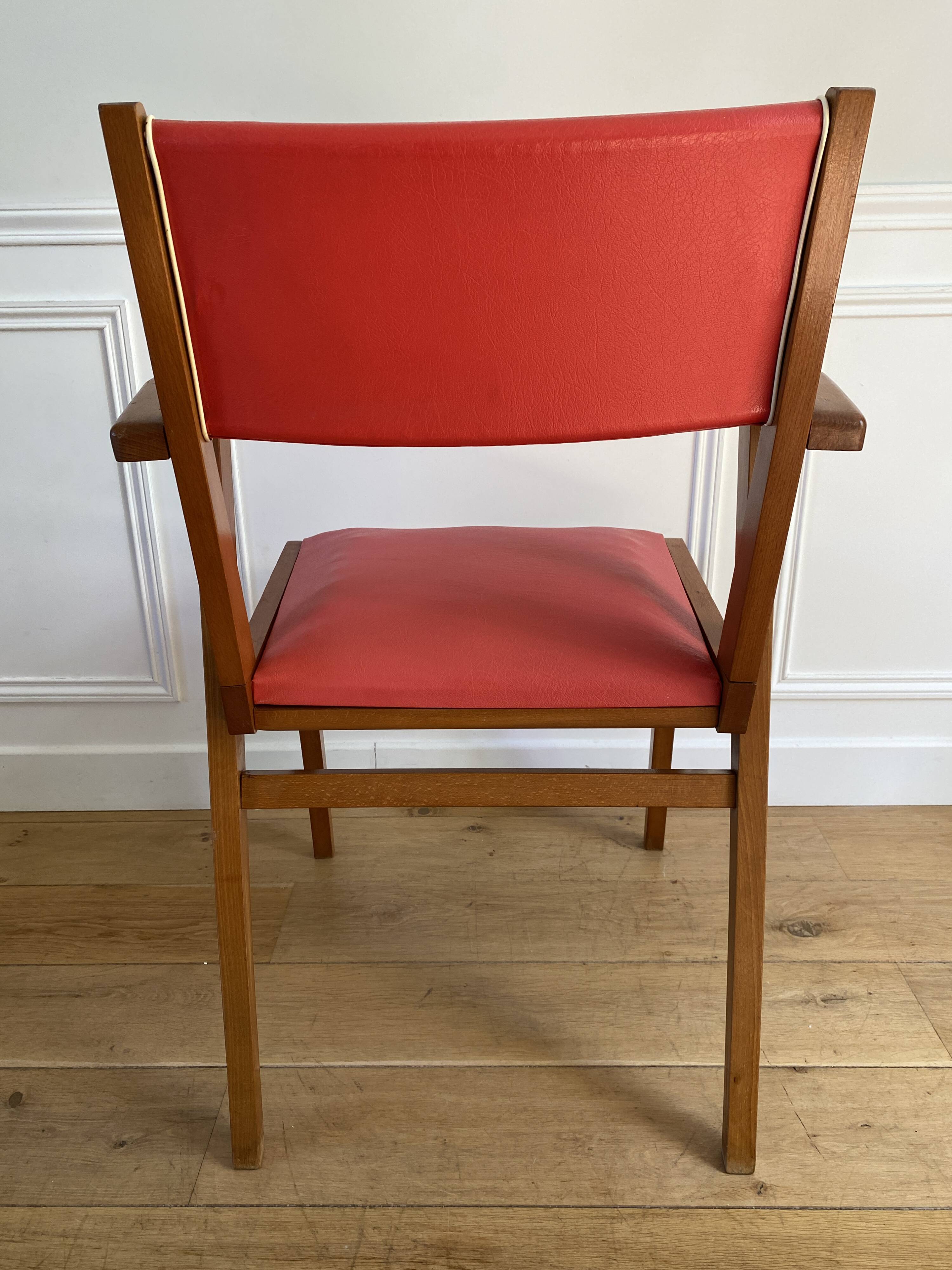 Vintage armchair from the 50s/60s – wood & red faux leather – Scandinavian style