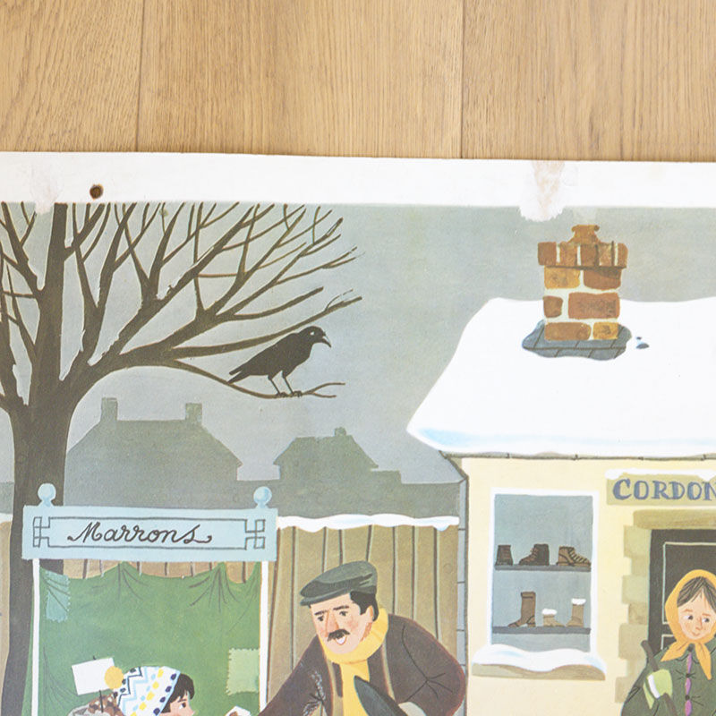 Affiche scolaire Nathan 1966 face 1 Les marrons chauds et face 2 Hiver Bonhomme de neige