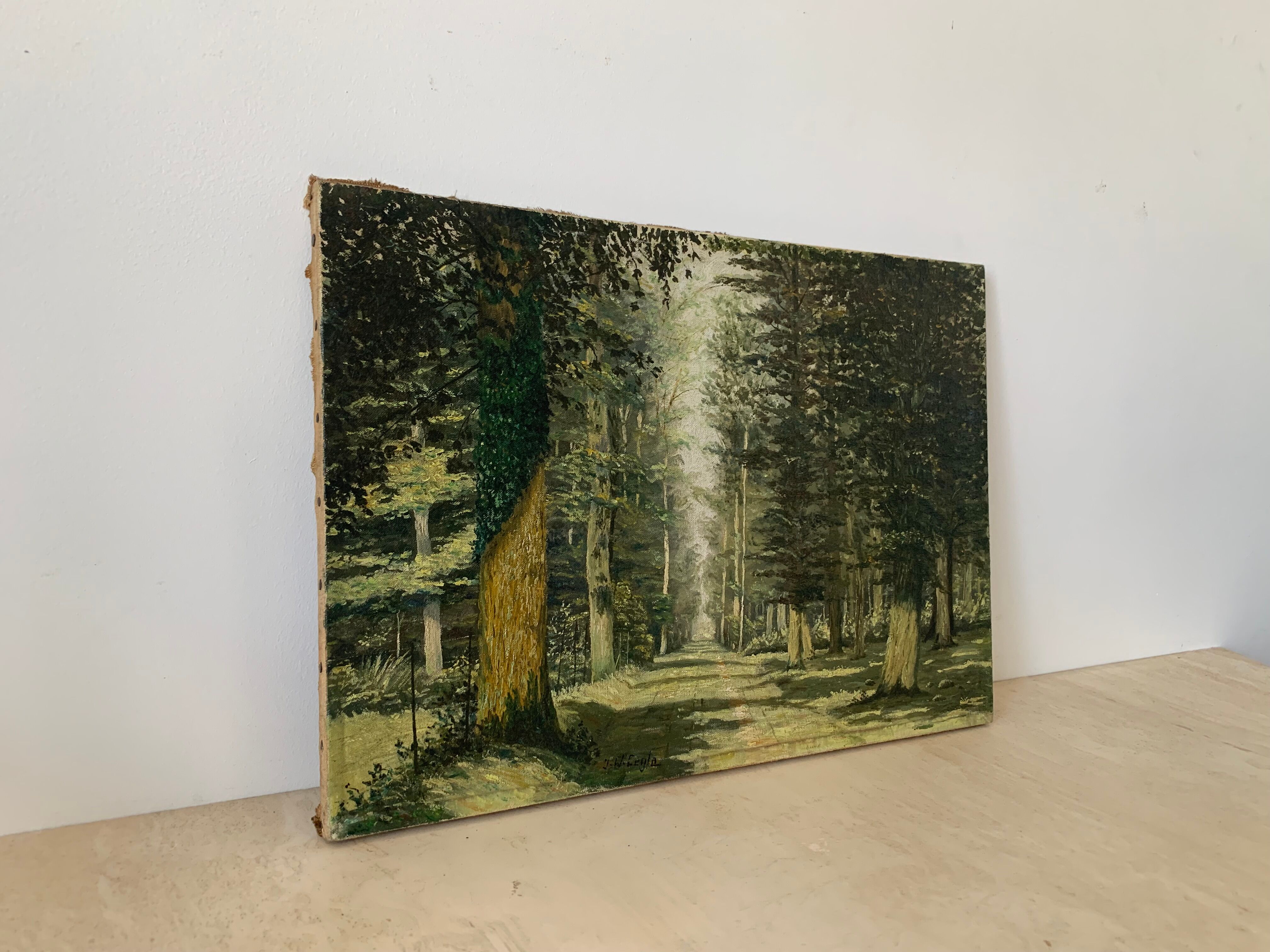 Huile sur toile, forêt, vintage