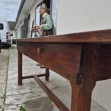 Table de Ferme bourguignonne à entretoise en noyer massif 19éme deux tiroirs-1m82