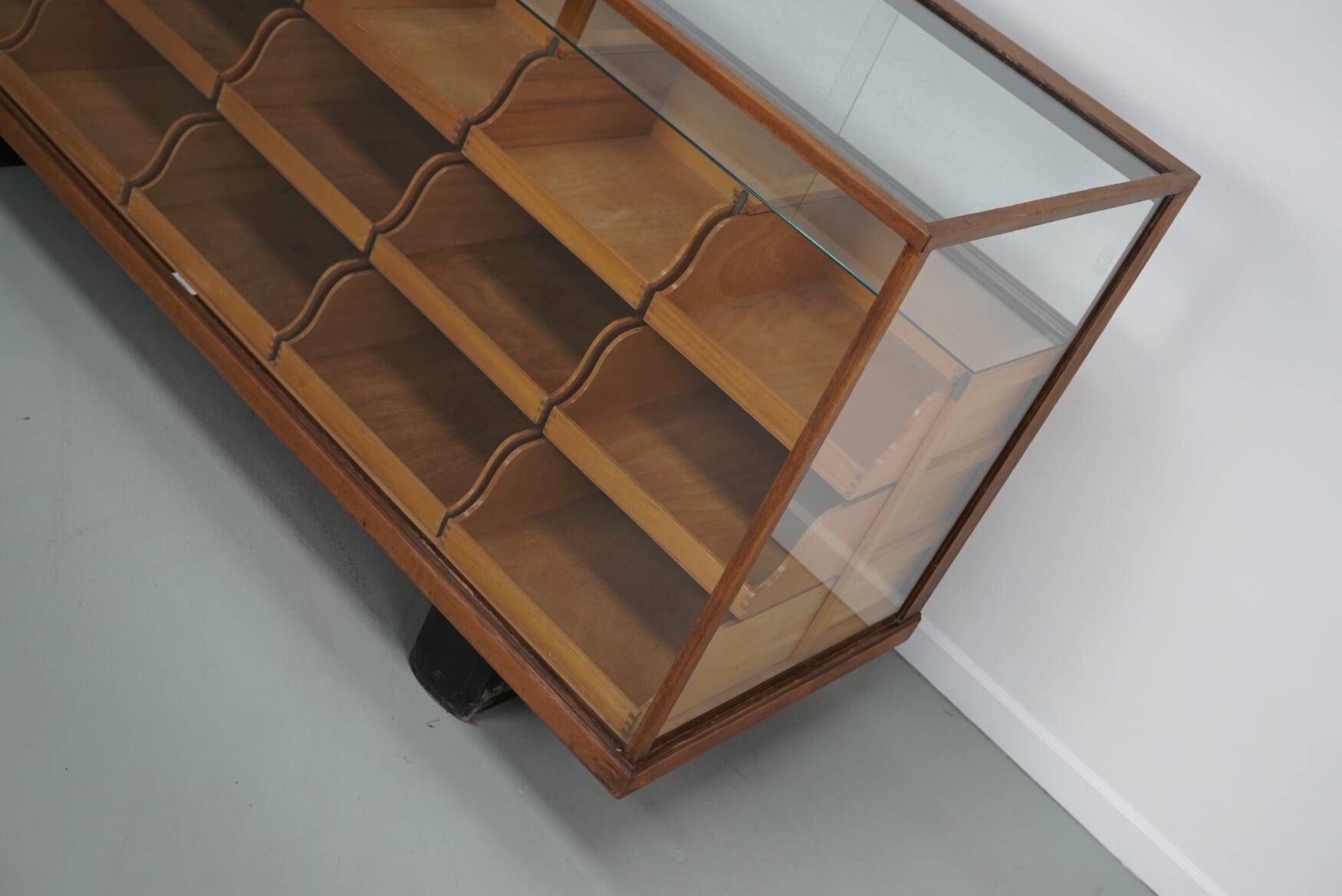 Antique British maple & hardwood haberdashery cabinet or shop counter, 1930s
