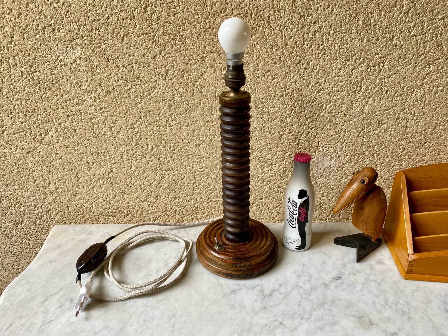 Vintage turned wooden lamp from the 1960s in the style of Charles Dudouyt.