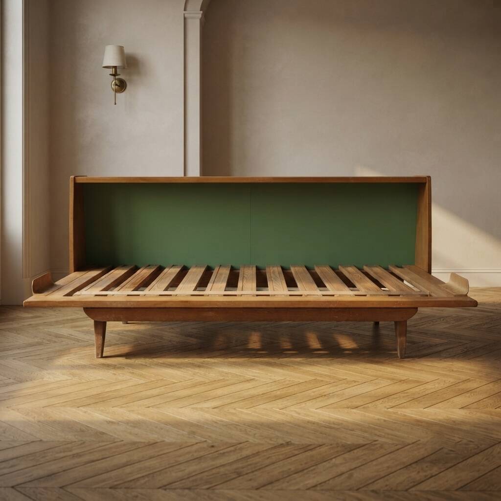 Mid-century wooden folding sofa bed frame, extendable daybed, Czechoslovakia, 190 × 151 × 77 cm