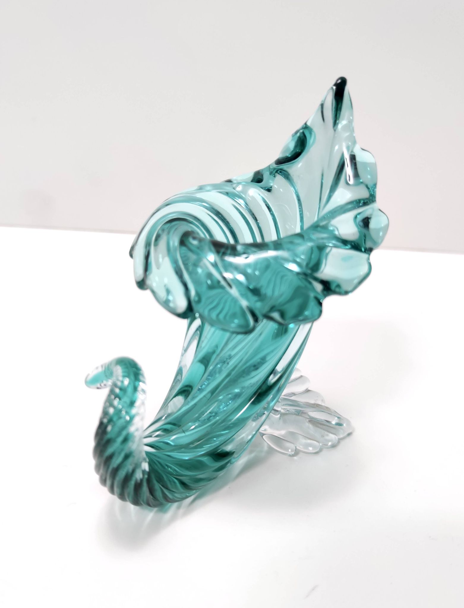 Teal Murano Glass Cornucopia Vase by Archimede Seguso, Italy