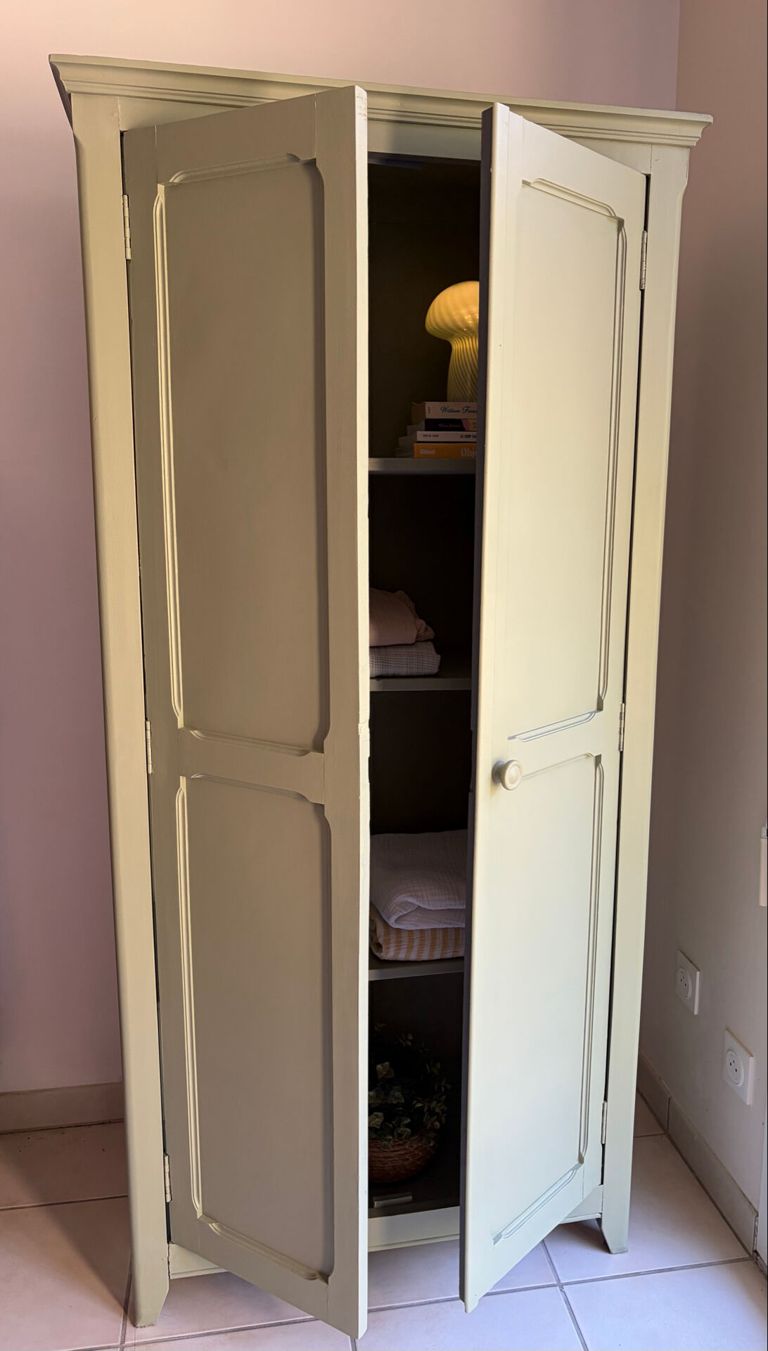 Antique Parisian wardrobe in sage green patina