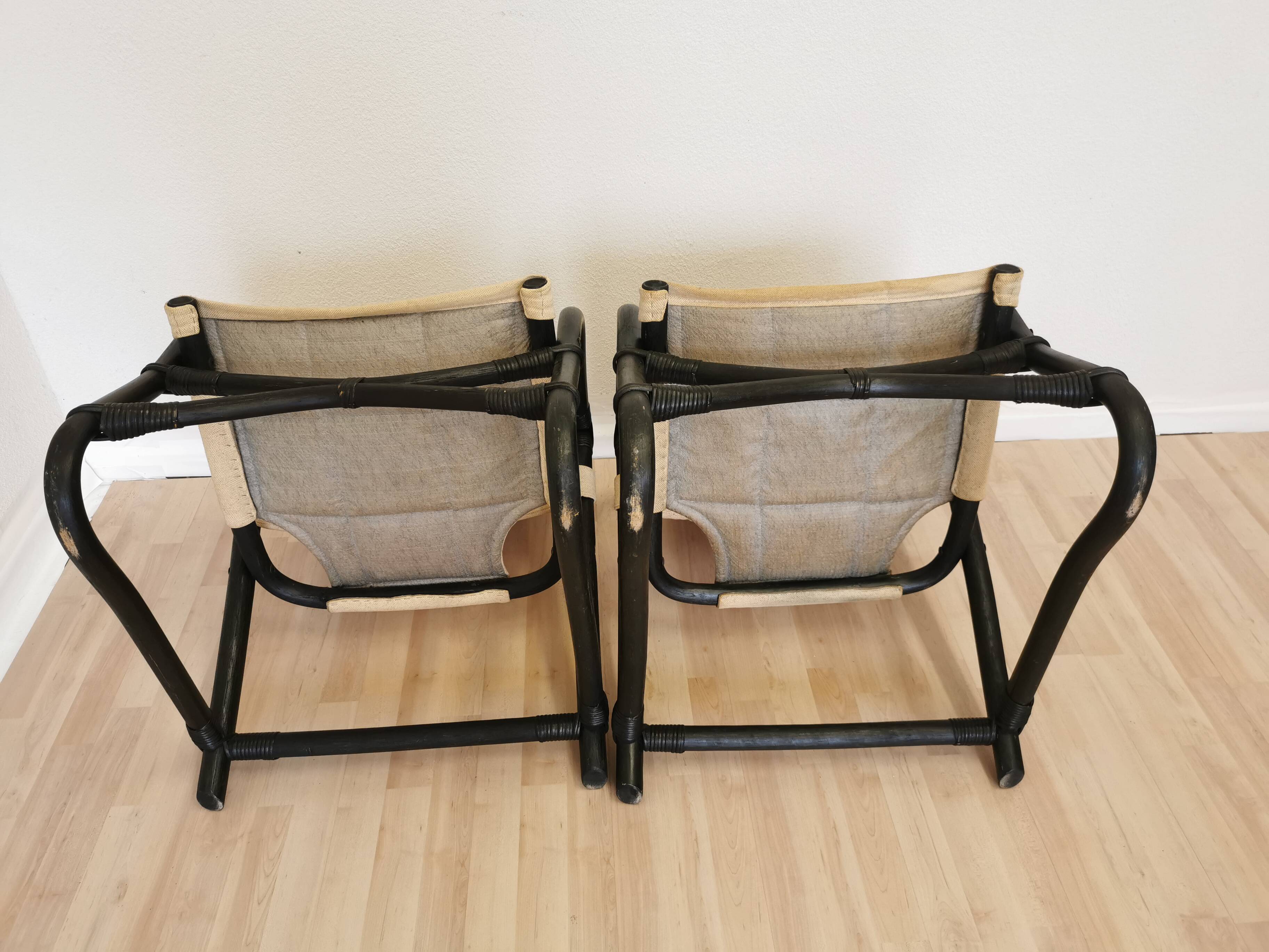 2 Vintage Espri Safari Lounge Armchairs / Rare Mid-century Black Bamboo and Beige Fabric Easy C