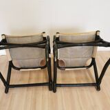 2 Vintage Espri Safari Lounge Armchairs / Rare Mid-century Black Bamboo and Beige Fabric Easy C
