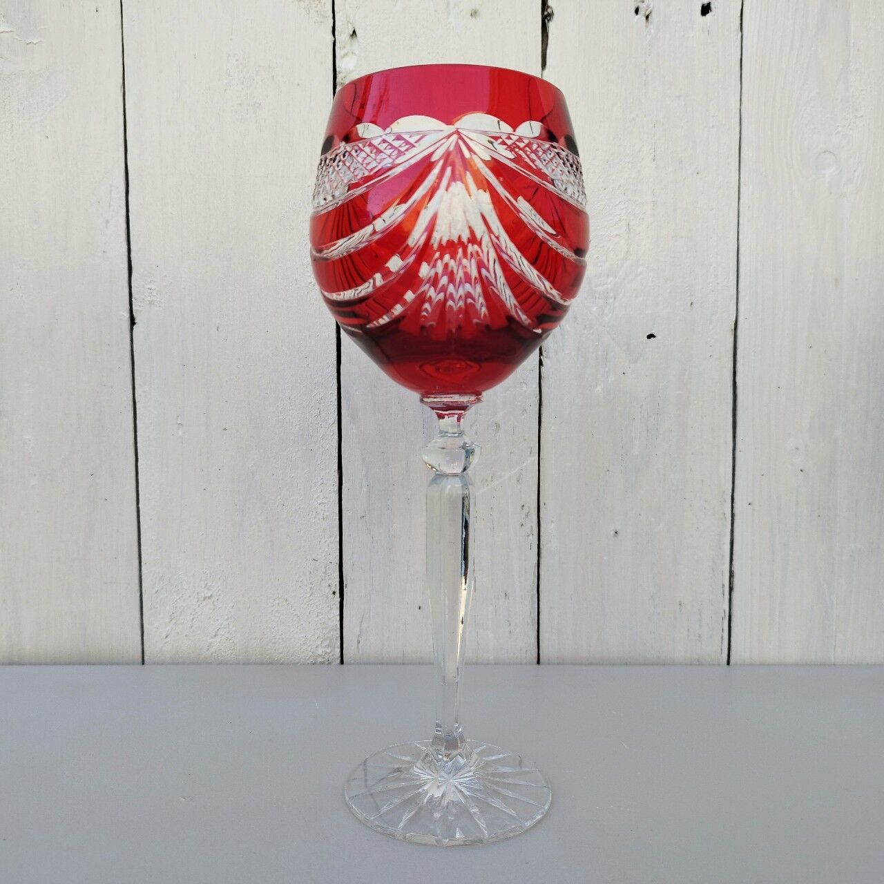 Six vintage coloured cut crystal wine glasses