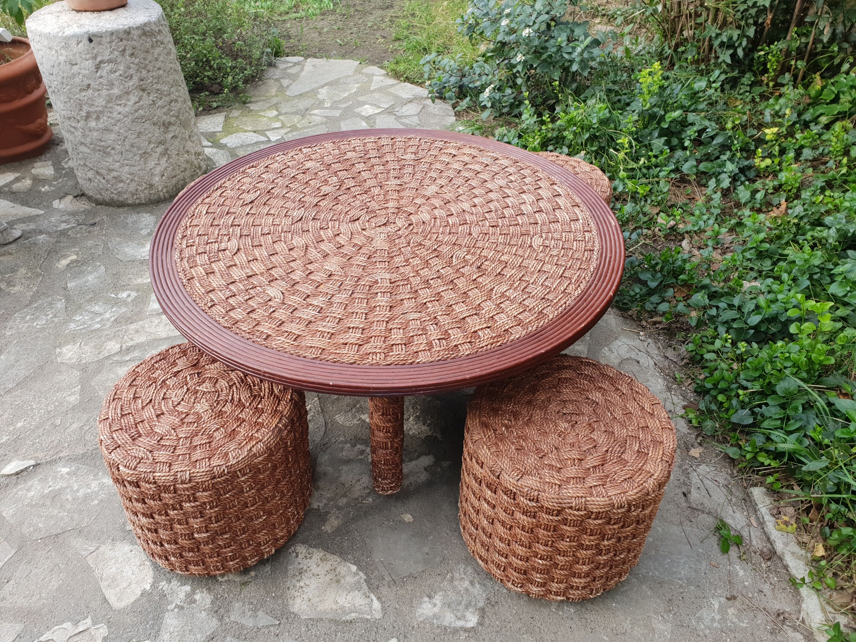 Vintage rope coffee table and stools