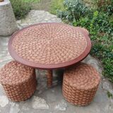 Table basse et tabourets en corde vintage