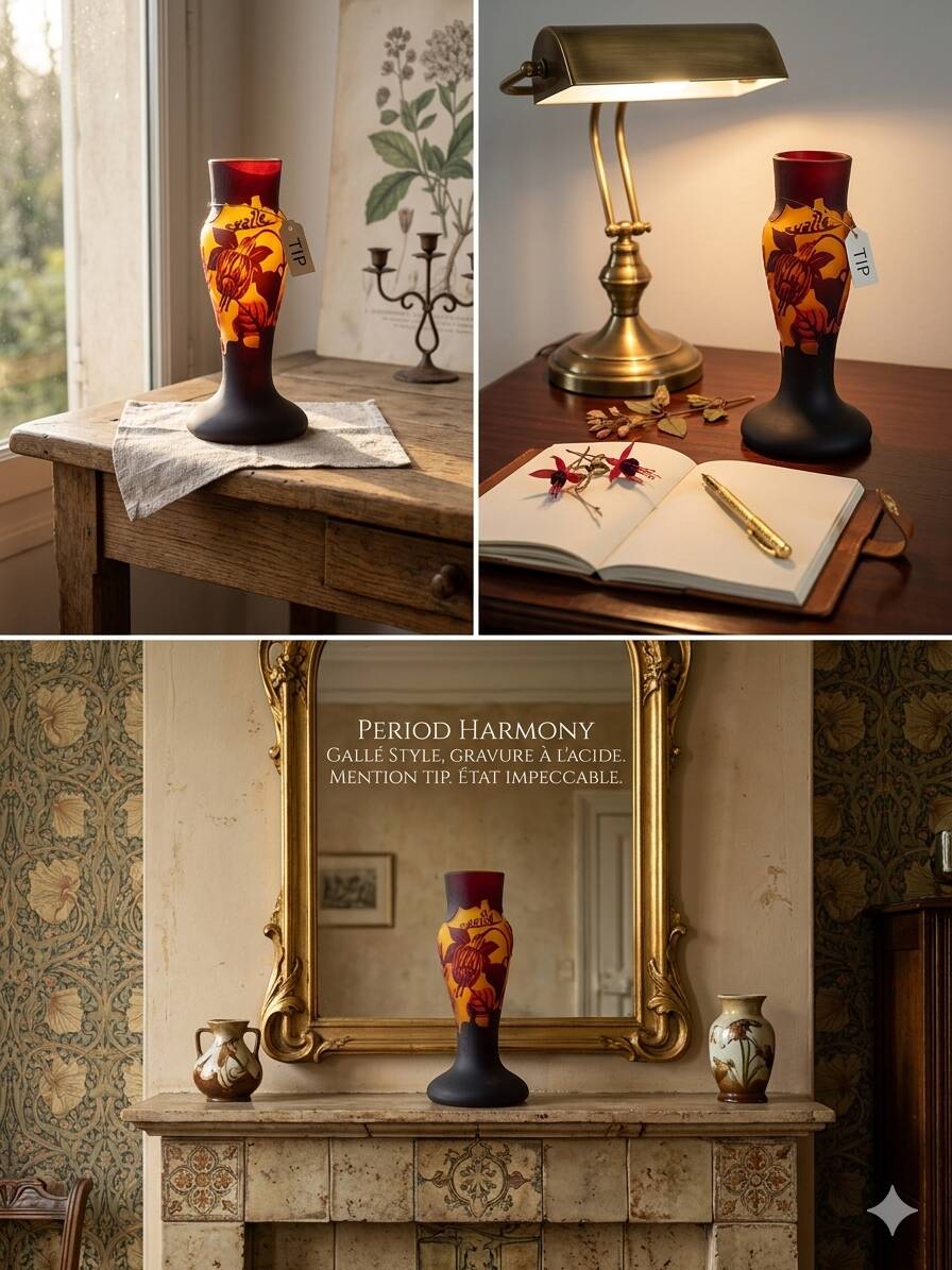 Gallé style vase in multilayer glass - Leaf decoration - Marked "TIP"