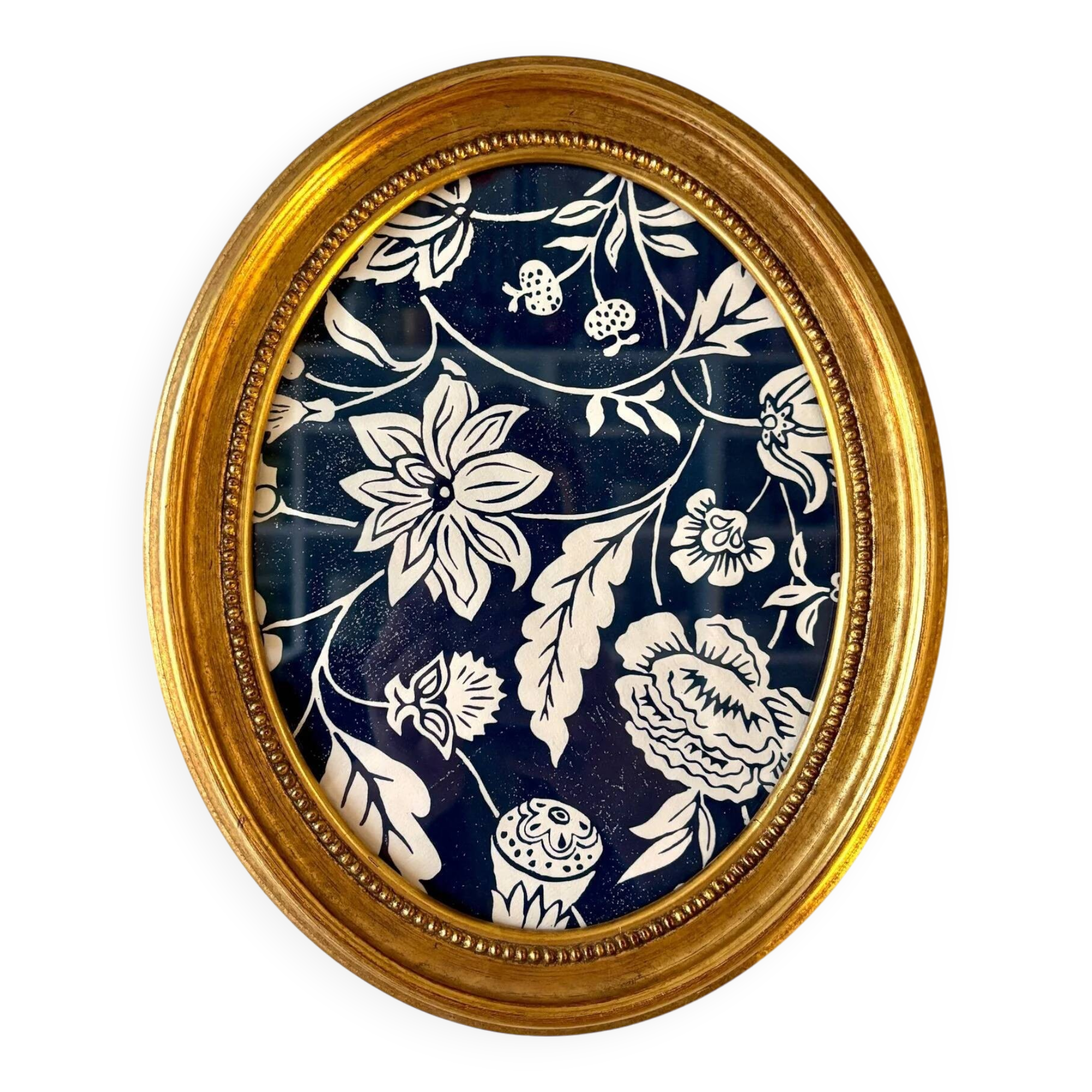 Oval frame in gilded wood with domino paper Antoinette Poisson 30C "Indienne"