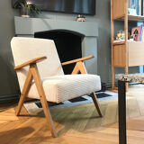 Fauteuil Kompas velours côtelé crème rénové