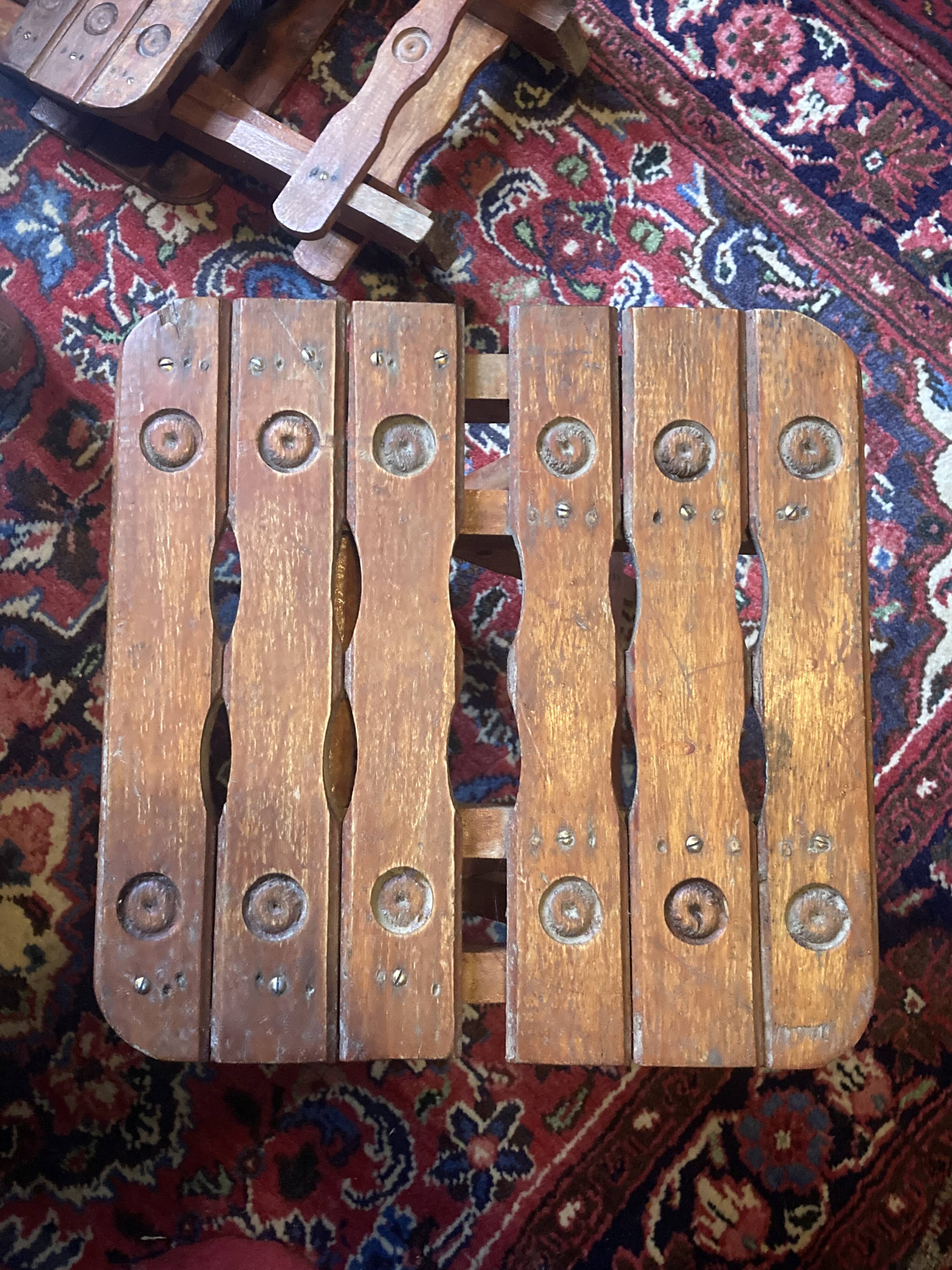 Pair of vintage folding wooden stools from Tyrol mountain
