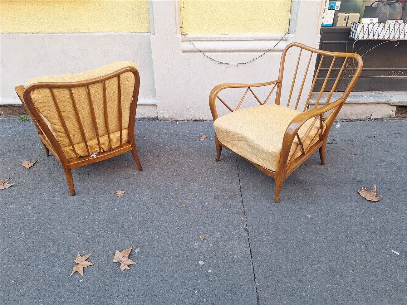 Armchairs in Wood and Yellow Fabric from Paolo Buffa, 1940s, Set of 2