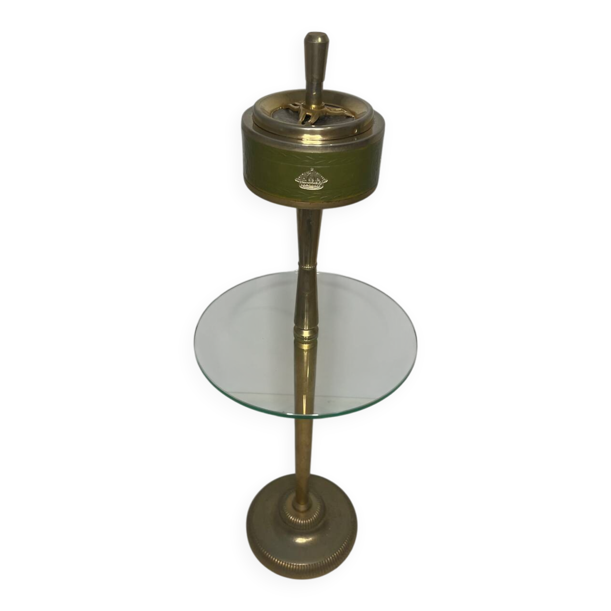 Vintage brass floor ashtray with glass shelf in Empire style.