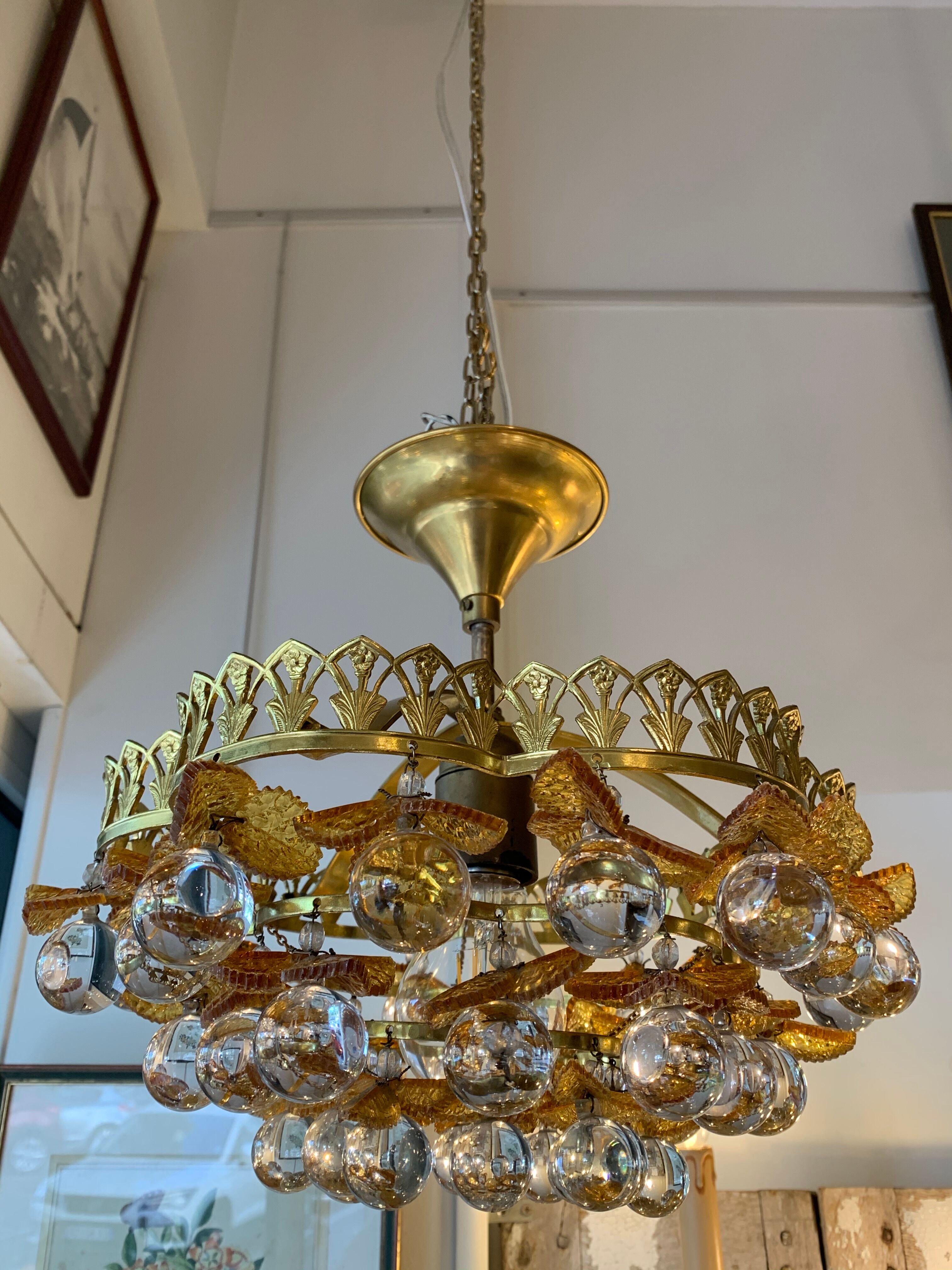 Murano ceiling light yellow flowers and glass balls 1970