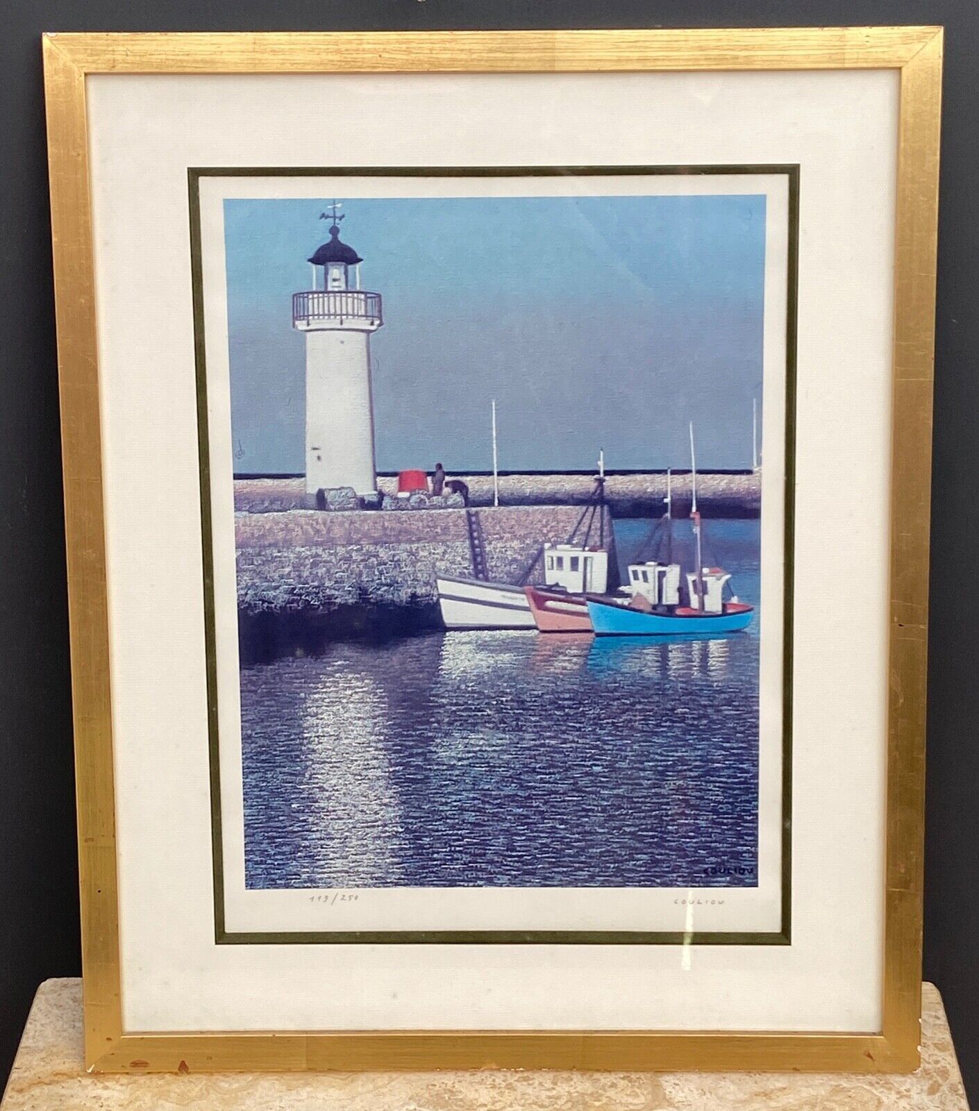 Countersigned lithograph couliou jean yves port de sauzon a belle ile