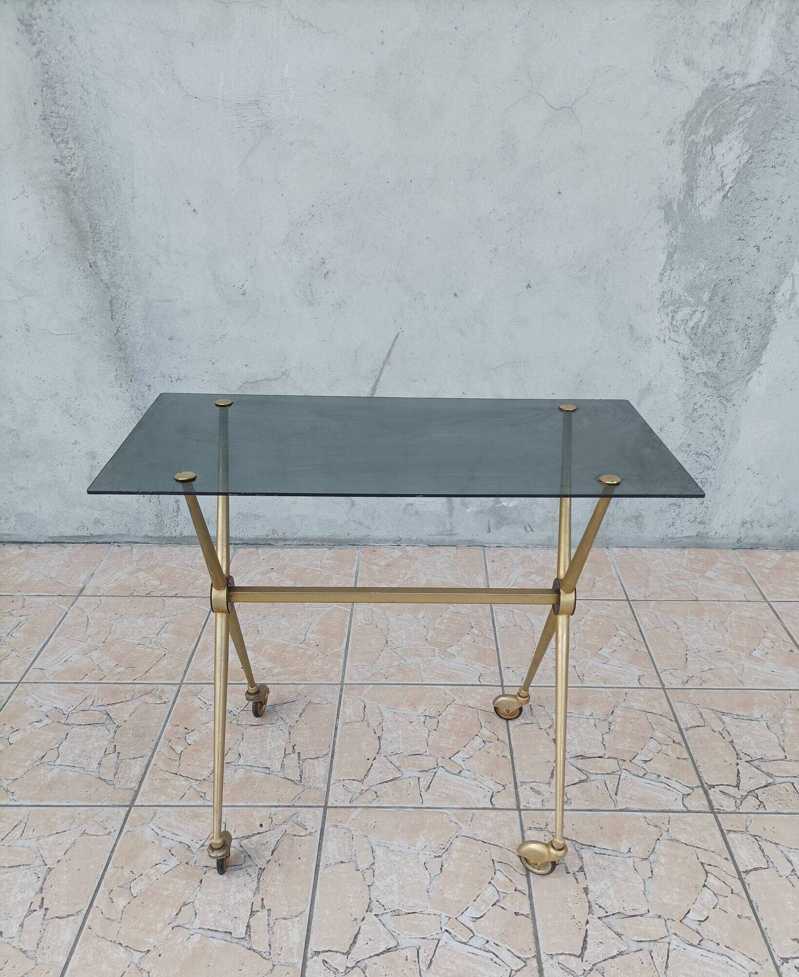 Vintage dessert trolley in brass and smoked glass 1960