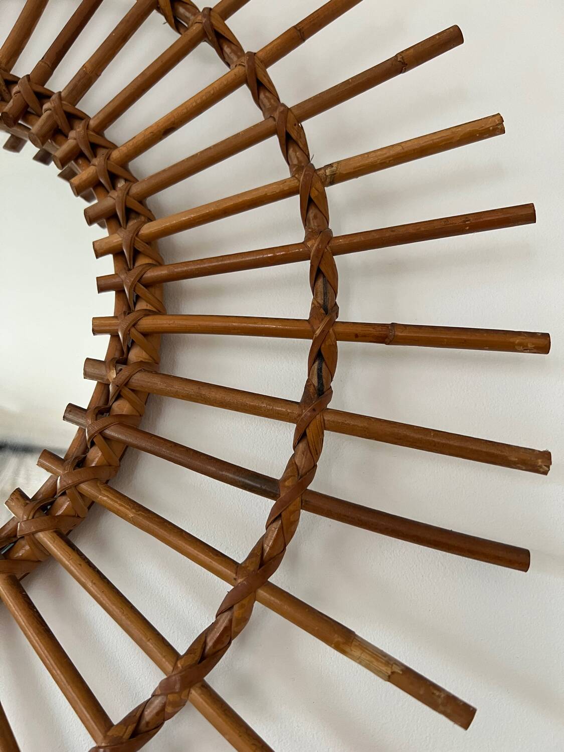 Large vintage rattan sun mirror