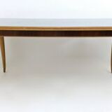 Vintage Beech and Maple Dining Table with a Patterned Blue Glass Top, Italy