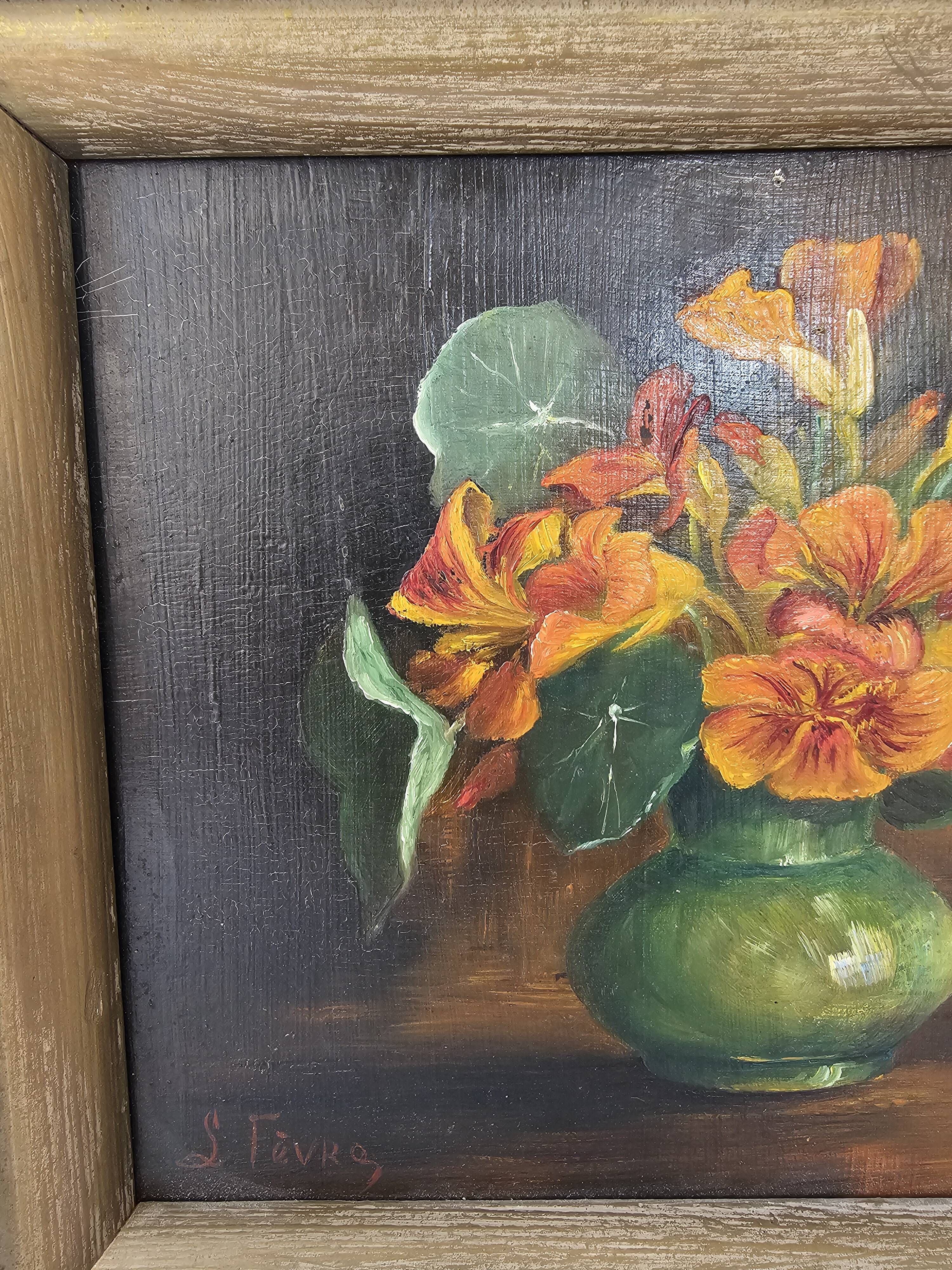 Tableau Huile sur Panneau bouquet de fleurs capucines dans vase Signé L. Fè