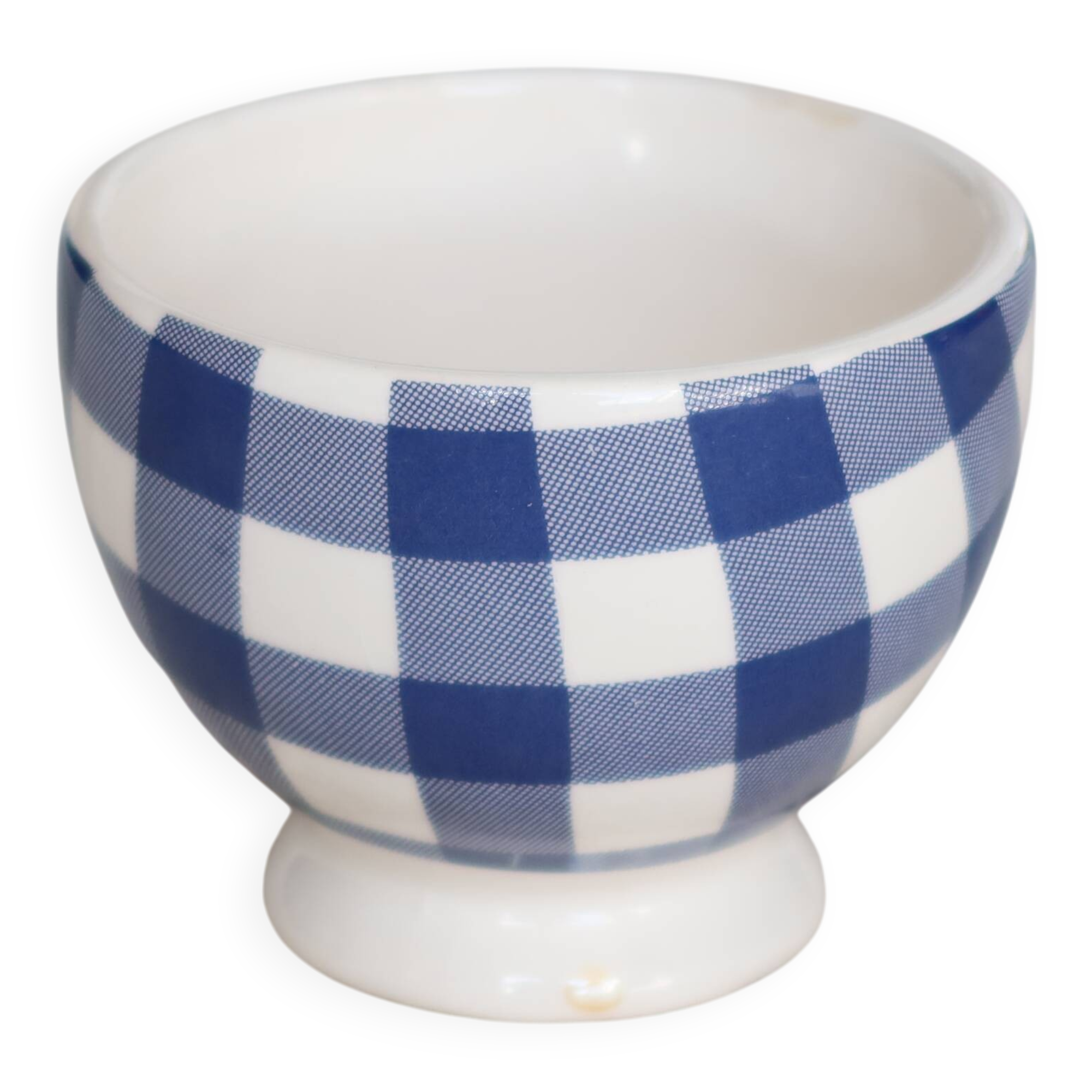 Small vintage white earthenware bowl with blue gingham pattern