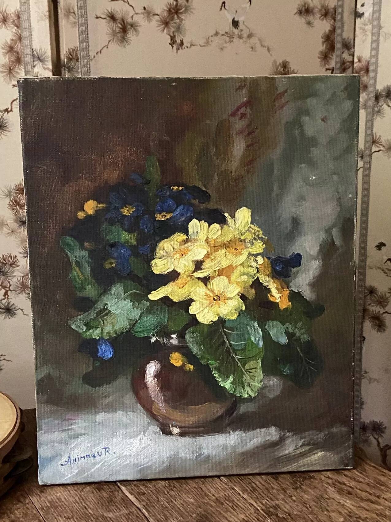 Old painting primroses signed Rinat Animaev – Russian school – oil on