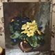 Old painting primroses signed Rinat Animaev – Russian school – oil on