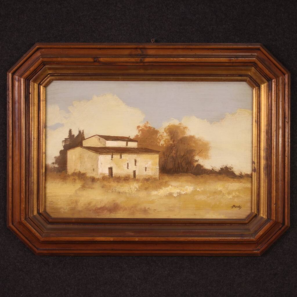 Signed painting landscape with a small house from the 20th century