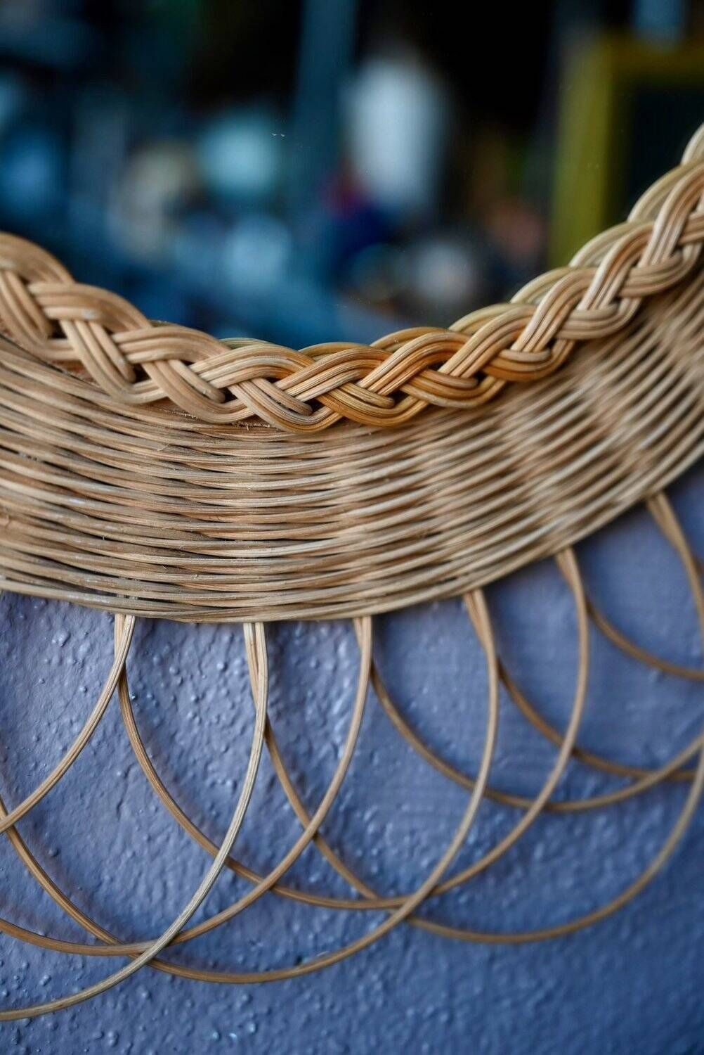 Round woven rattan wall mirror flower sun bohemian 80s signed Dillense