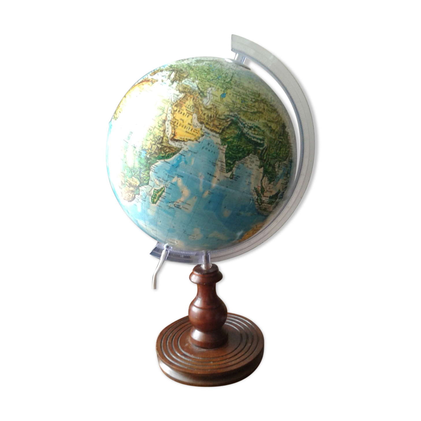 World map globe bright foot and wooden support