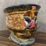 Large planter in colored slip with antique decoration