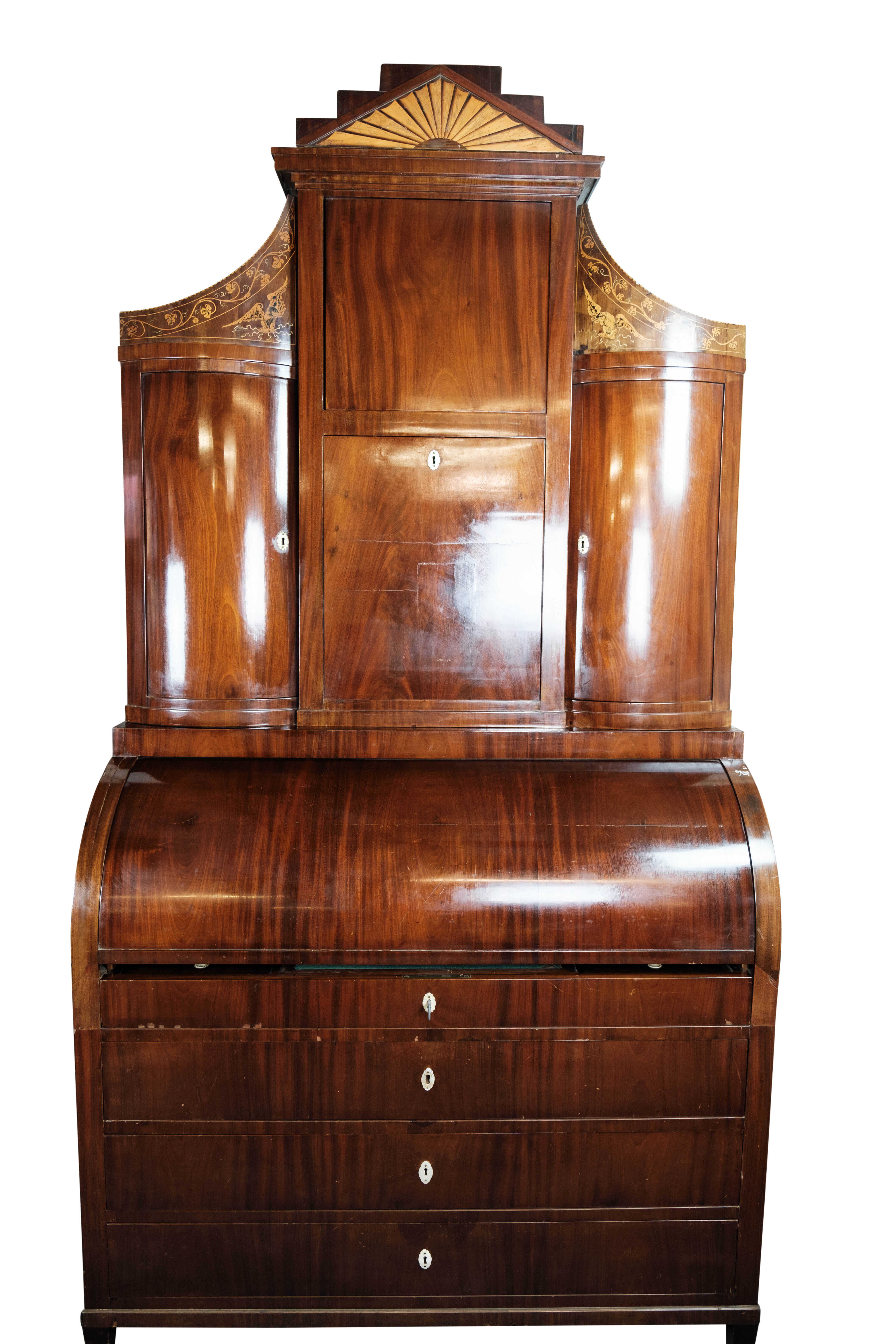 Empire bureau of polished mahogany with inlaid wood, 1840s