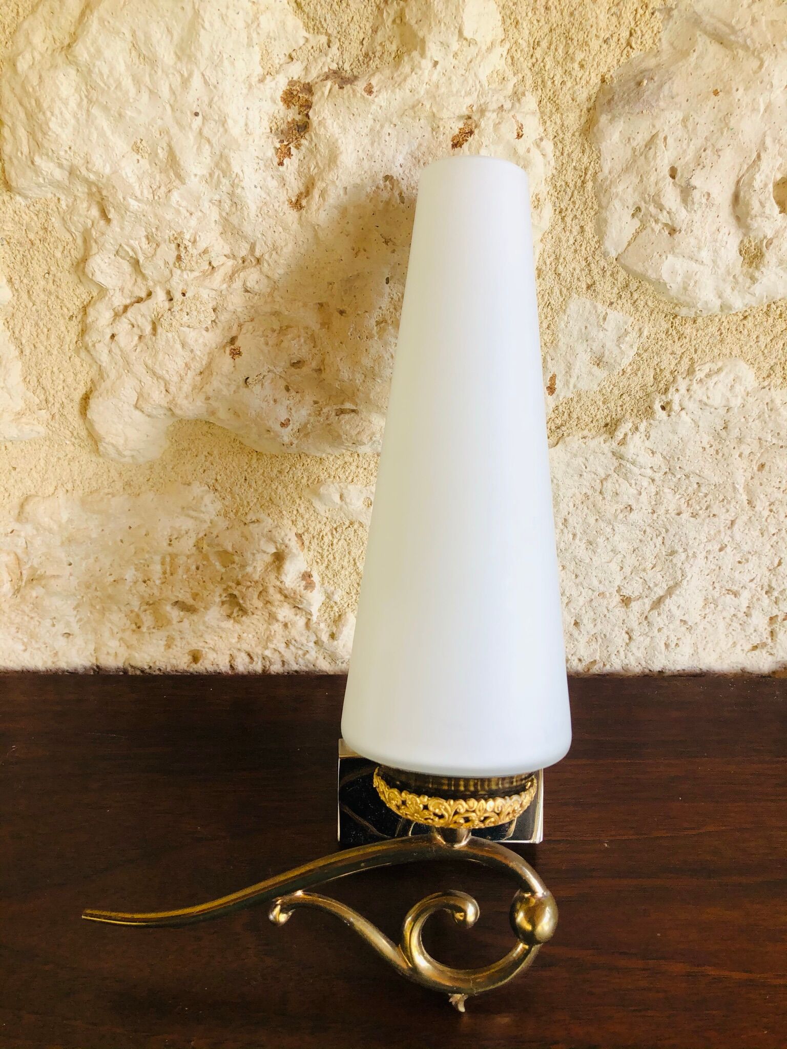 Pair of wall sconces in opaline and brass 60s