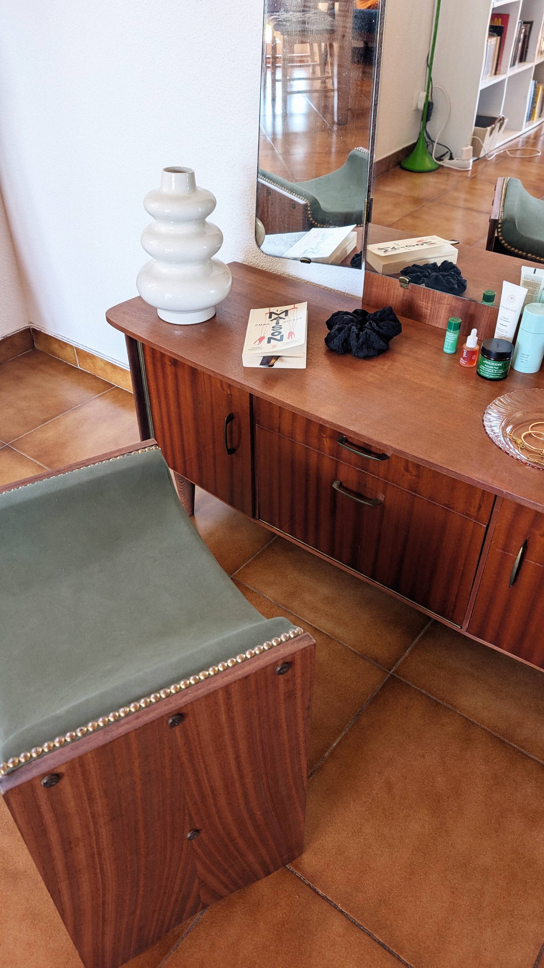 Vintage 70s dressing table with triptych mirror and matching bench.