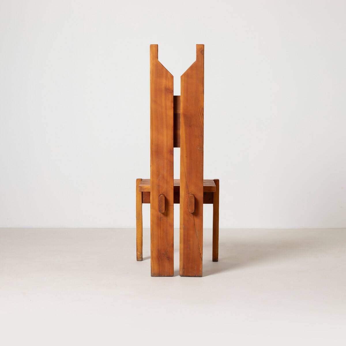 Set of large unique brutalist dining table and 6 chairs in pine, Czechoslov