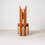 Set of large unique brutalist dining table and 6 chairs in pine, Czechoslov