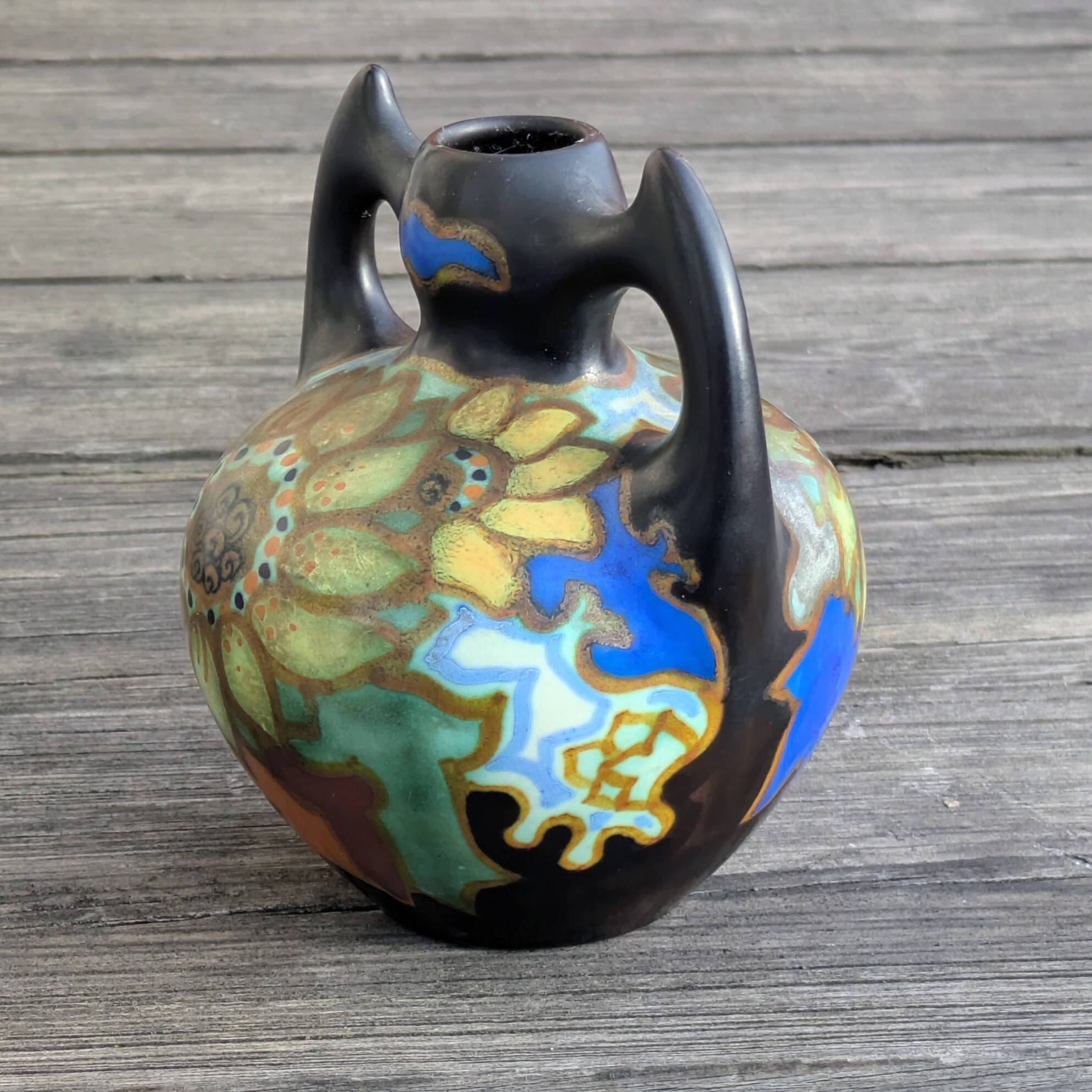 Handled Vase Gouda - Decor "Zonnebloem" (Sunflower) - Netherlands, 1930/50