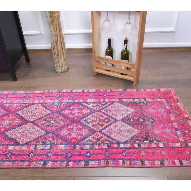 Vintage Turkish Oushak Handmade Cotton Purple Wool Runner Rug 74x345