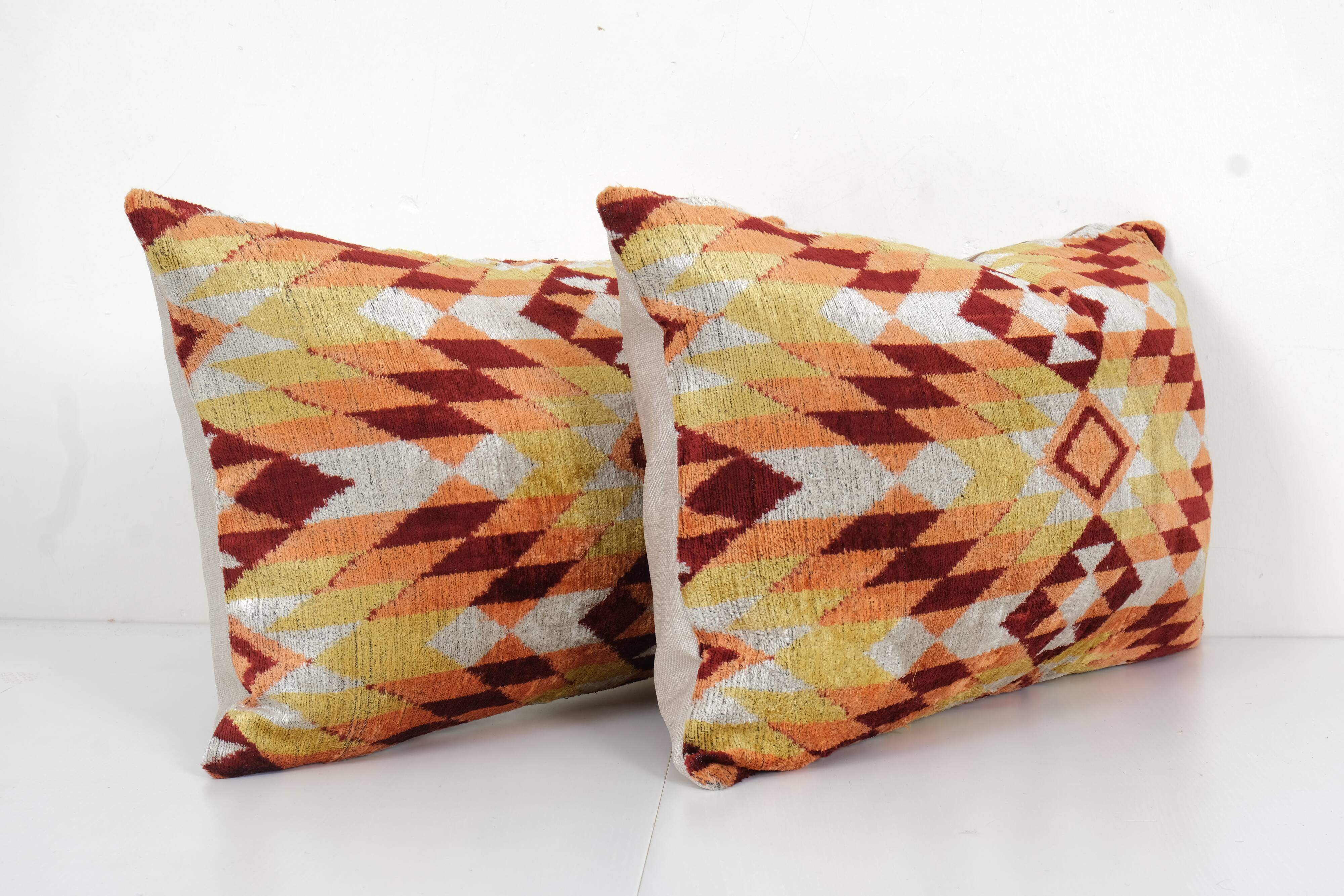 Ikat Lumbar Pillow Cover - Set of Two Colorful Silk Ikat Velvet Pillowcase - Handwoven Cushion Cover