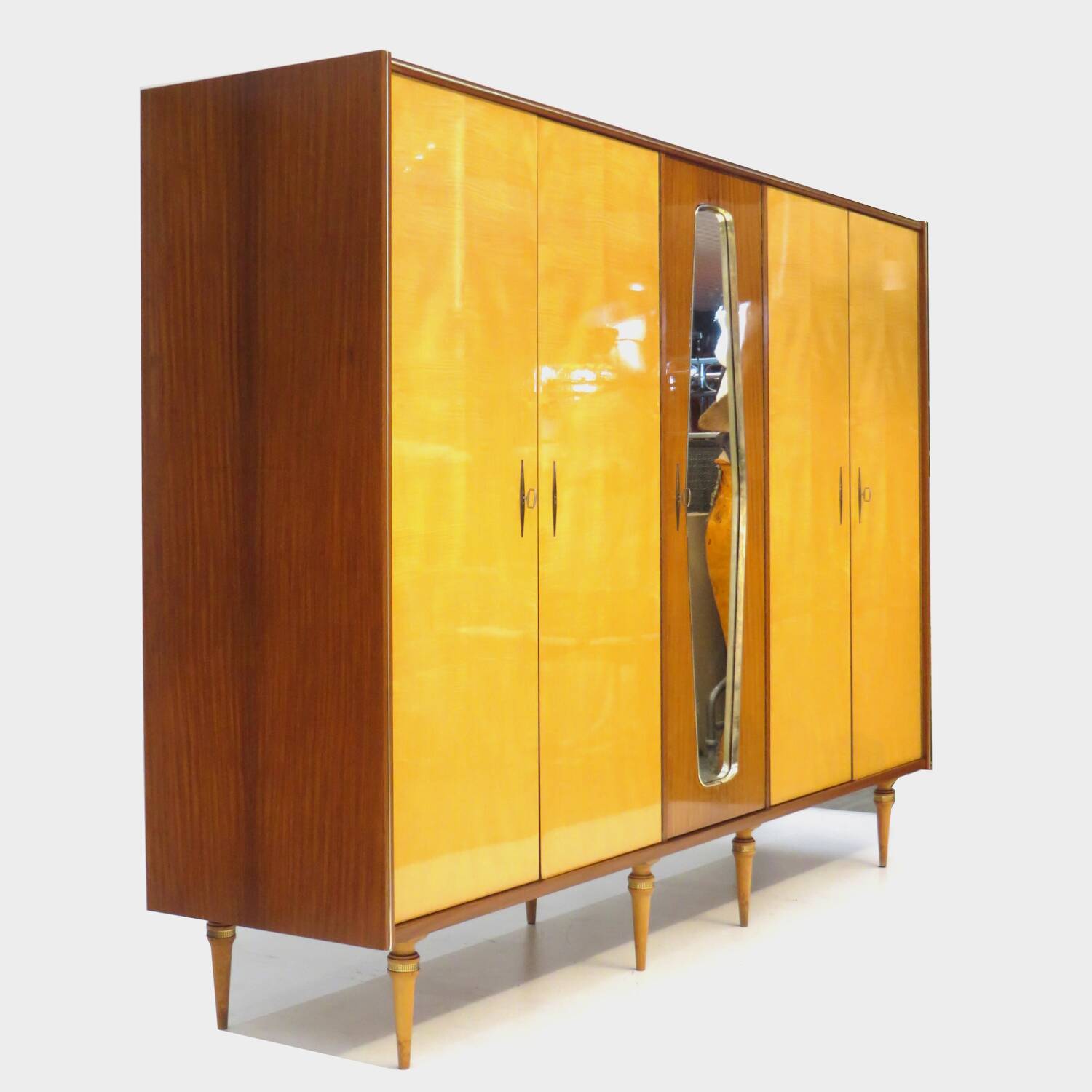 Large vintage mid century modern 5-door Wardrobe in Maple and Teak, 1950s