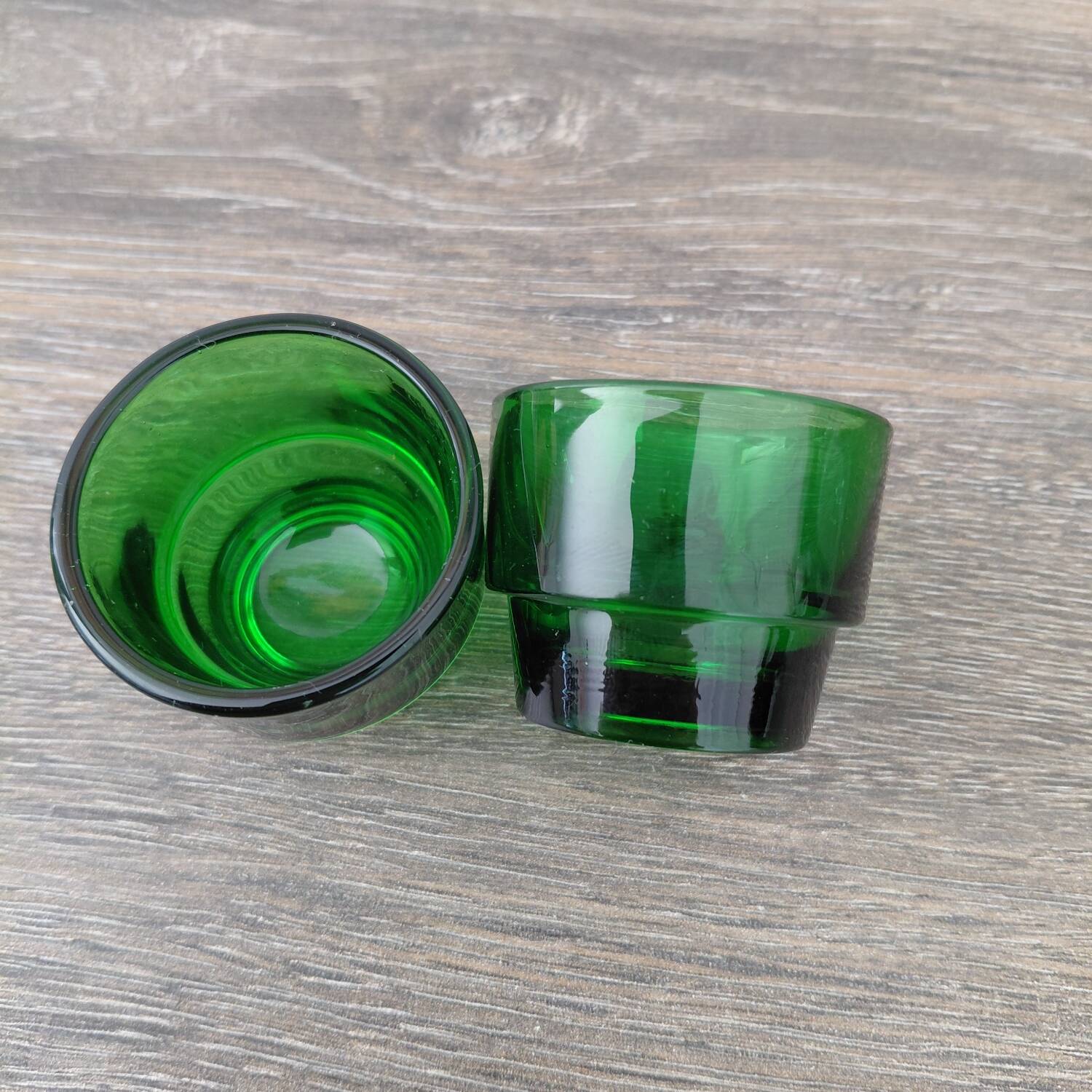 2 green glass egg cups