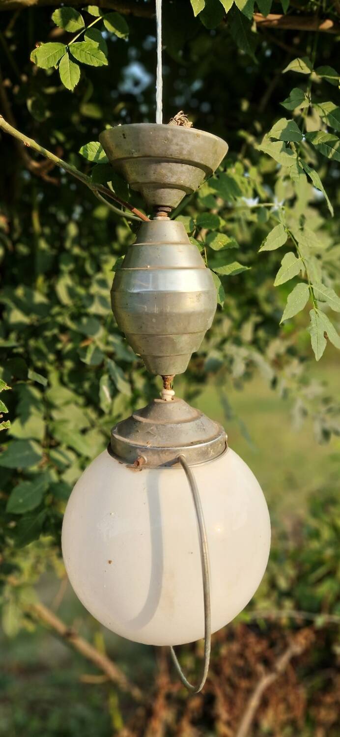 Art Deco aluminum and opaline up and down suspension