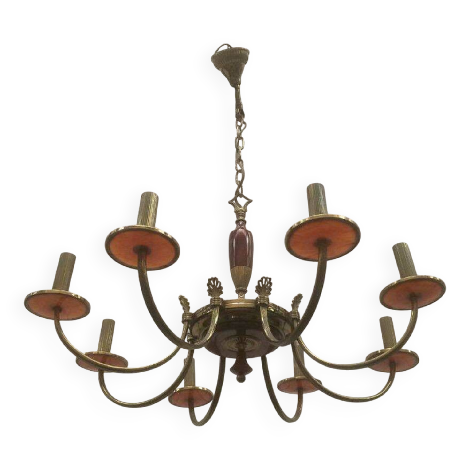 Brass and red plexiglass chandelier