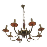 Brass and red plexiglass chandelier